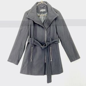 Jones New York Black Wool Zip Closure Pockets Waist Tie Winter Trench Coat Z37